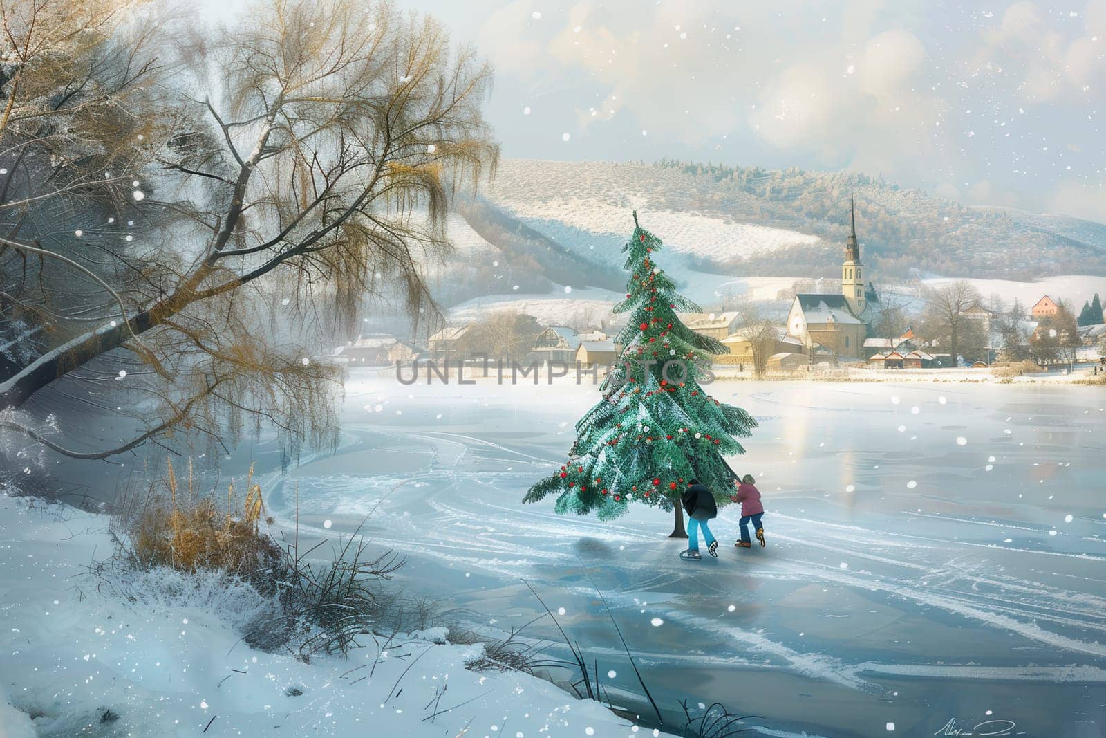 A winter landscape with glistening snow, a serene frozen lake, and a beautifully decorated Christmas tree