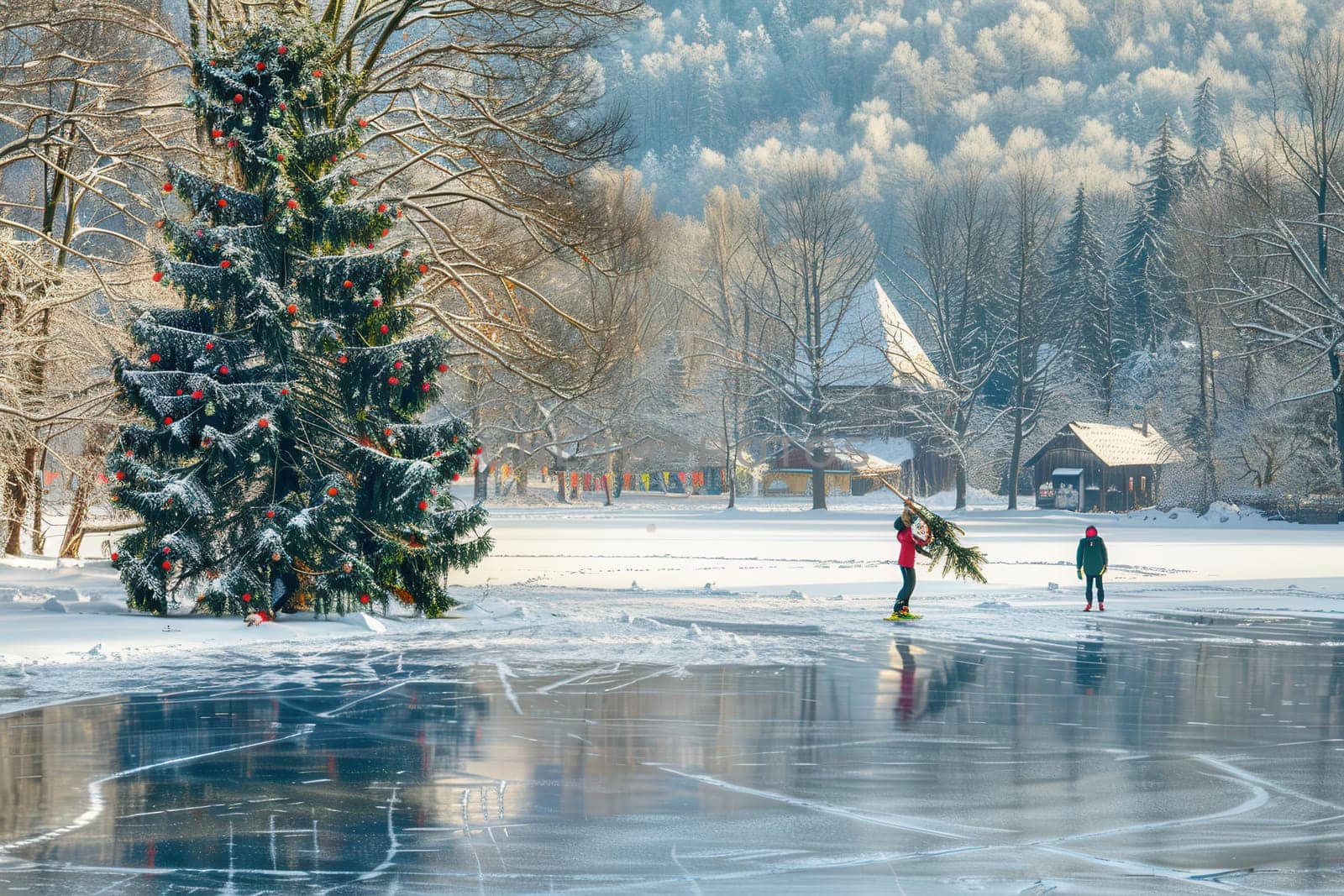 Children joyfully skate on a frozen lake, which is surrounded by beautiful, snowcovered trees during wintertime