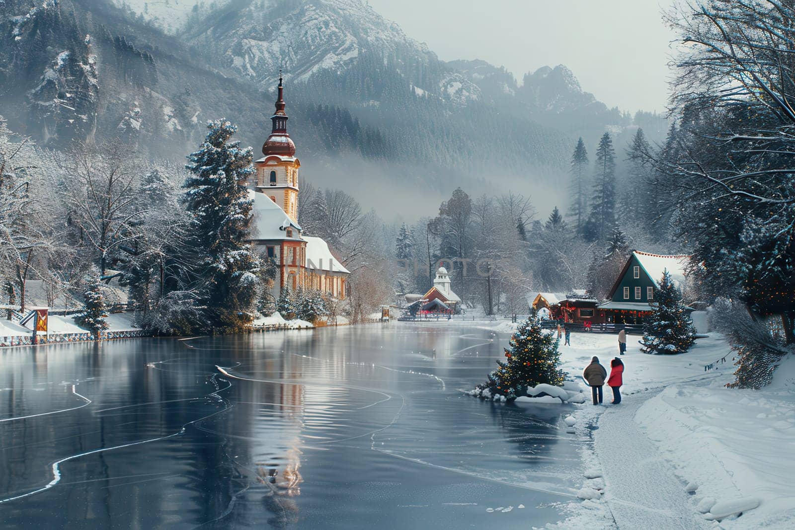 A charming winter scene with a frozen lake, snowcovered trees, and a quaint church in a serene landscape