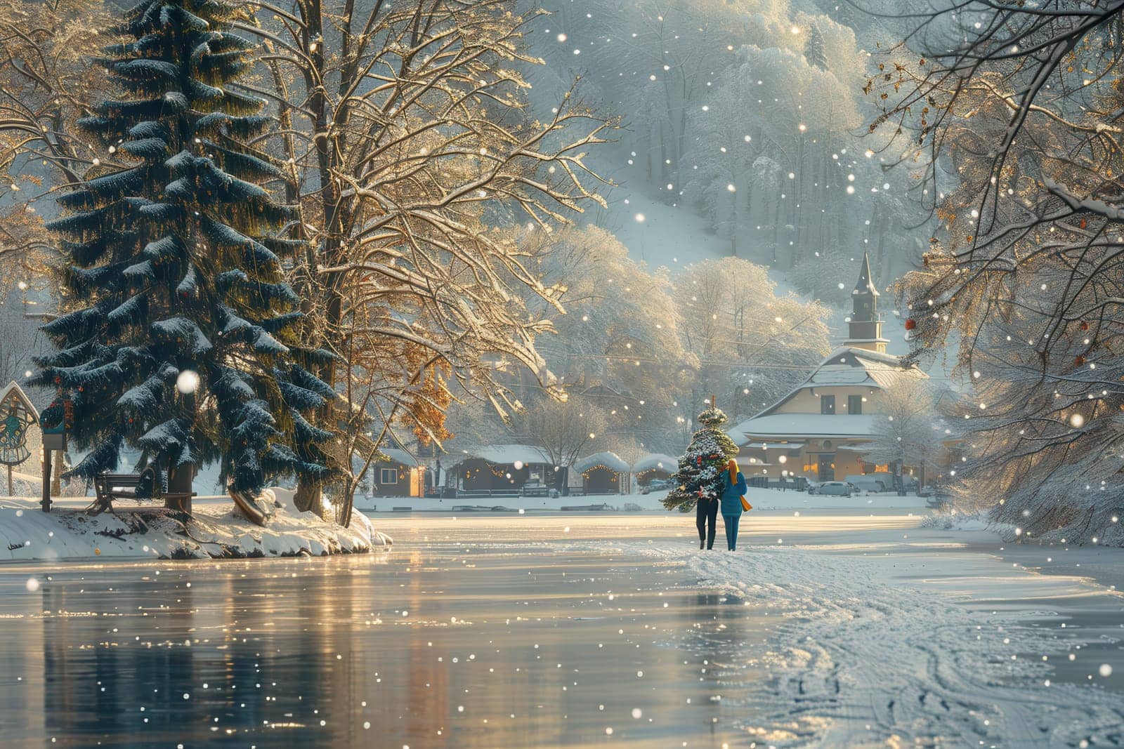 A serene winter scene of a couple walking by a snowy riverbank, surrounded by trees and falling snowflakes