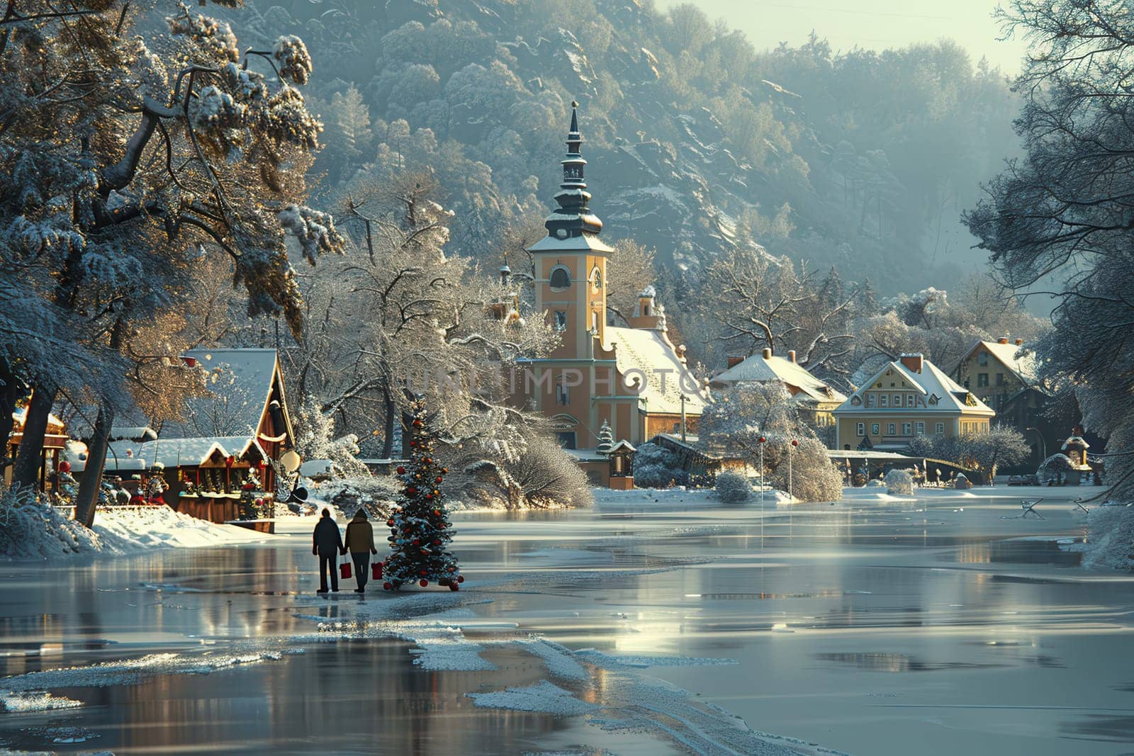 A beautifully picturesque winter scene features a charming snowcovered village alongside a frozen river