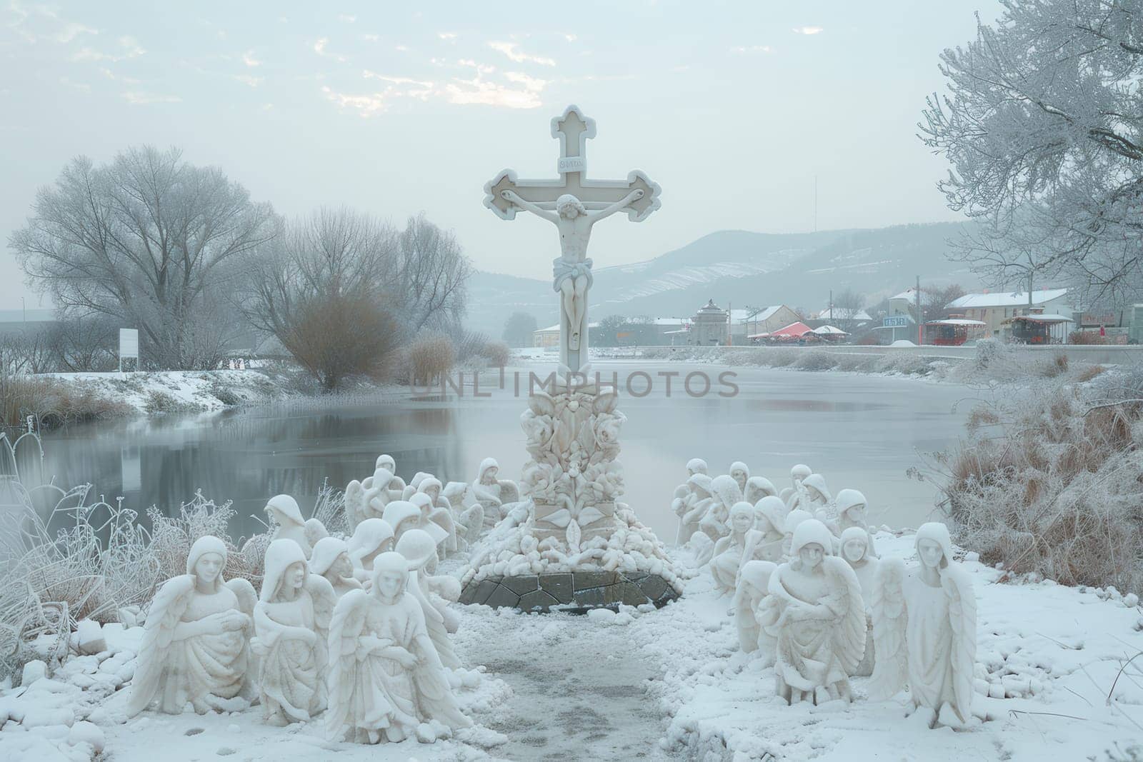 A beautiful and serene winter landscape showcases snowcovered statues, along with a cross situated by a tranquil river
