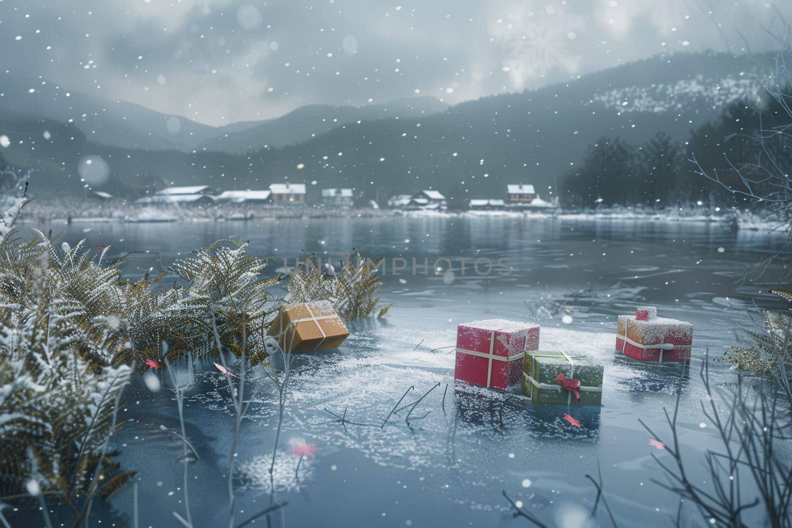 A serene winter scene with colorful gifts floating on icy water, set against stunning snowy mountains