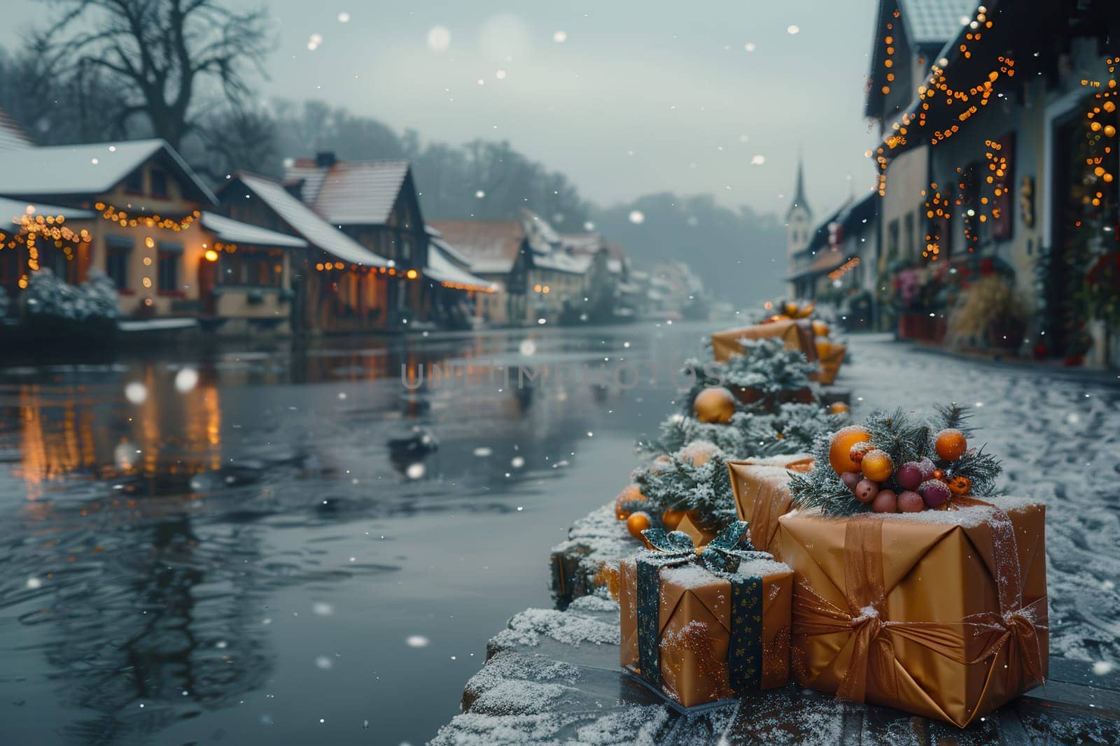 A picturesque winter scene showcases holiday gifts, beautifully snowcovered rooftops, and vibrant festive decorations
