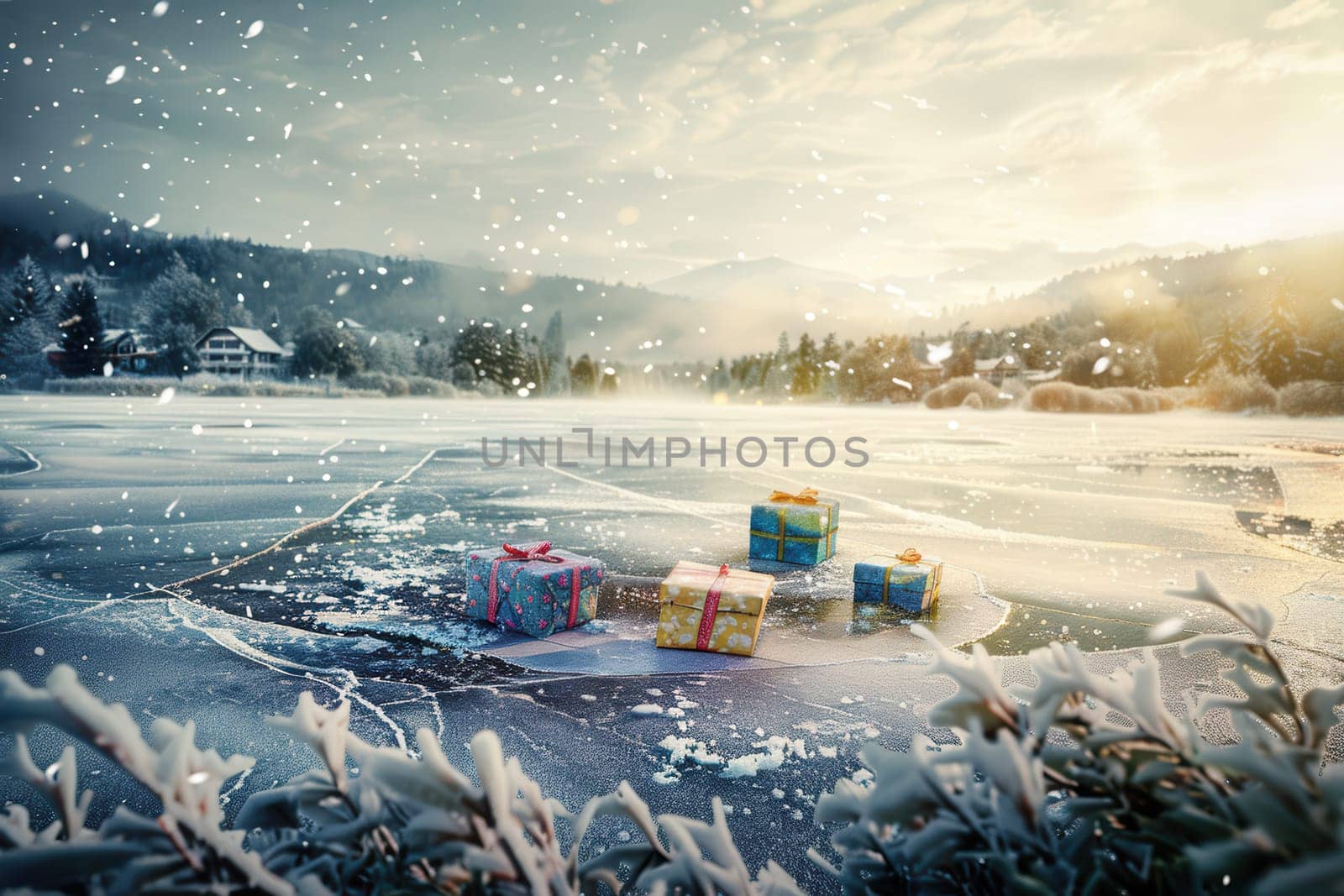 A beautifully serene winter landscape showcases colorful gifts placed on a frozen lake, all surrounded by snow