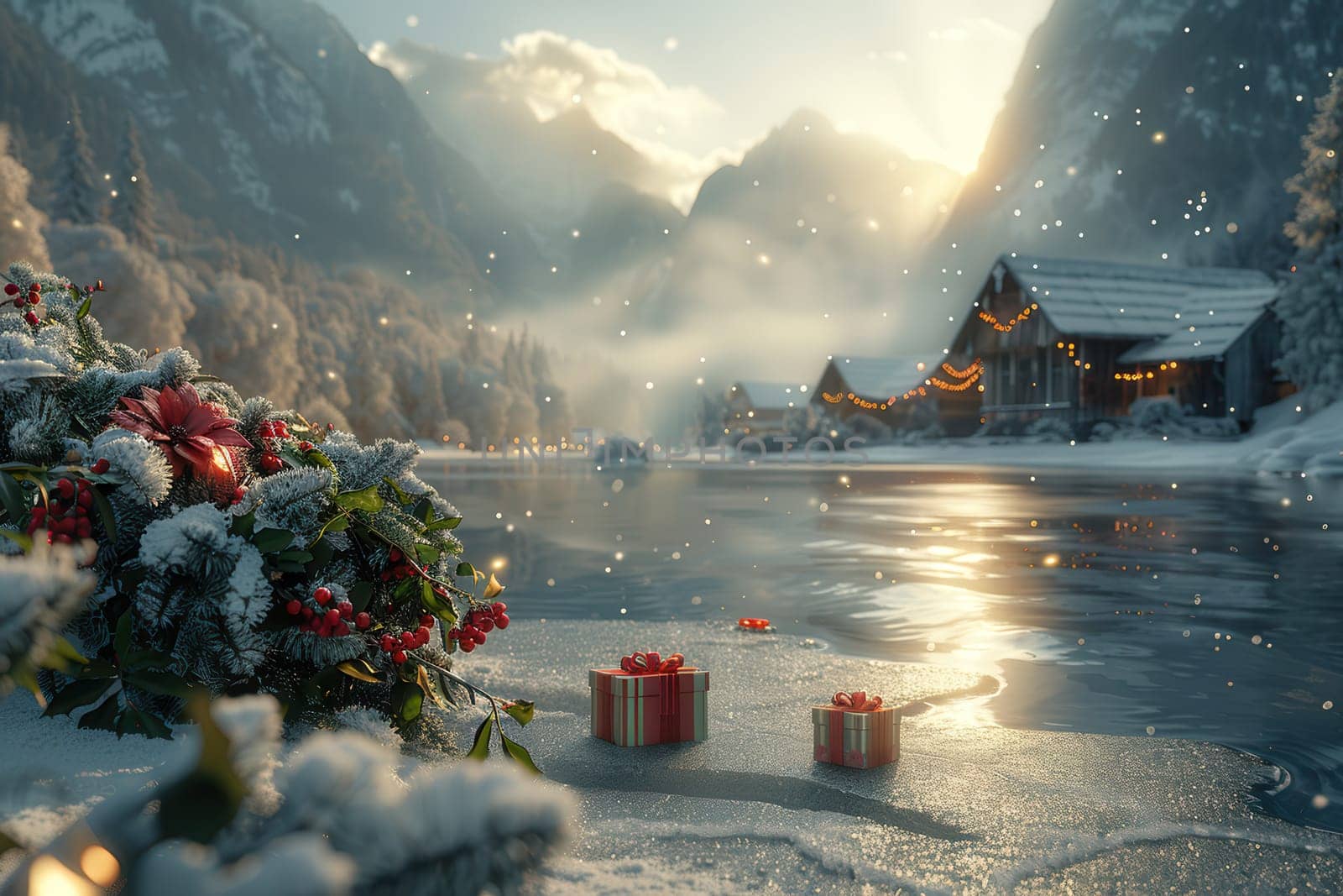 A beautifully picturesque winter scene featuring delightful gifts, a snowy landscape, and a serene mountain backdrop