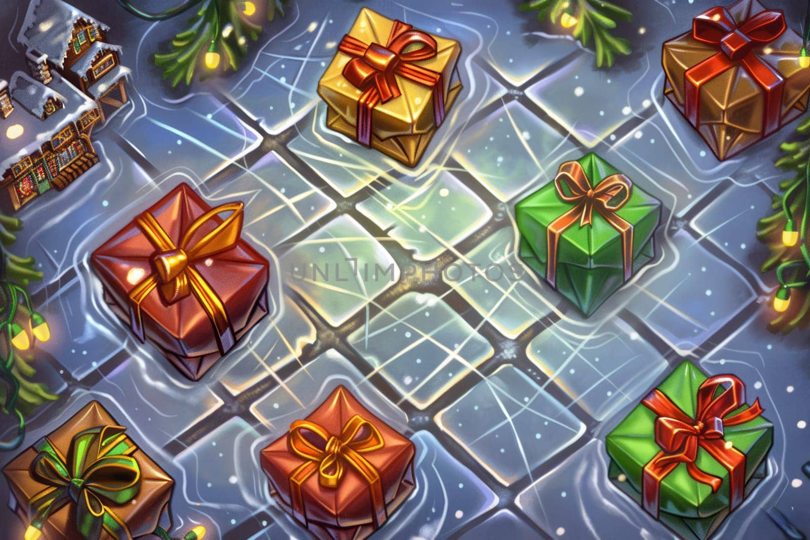Colorful gift boxes are surrounded by white snow and festive decorations, creating a charming holiday atmosphere