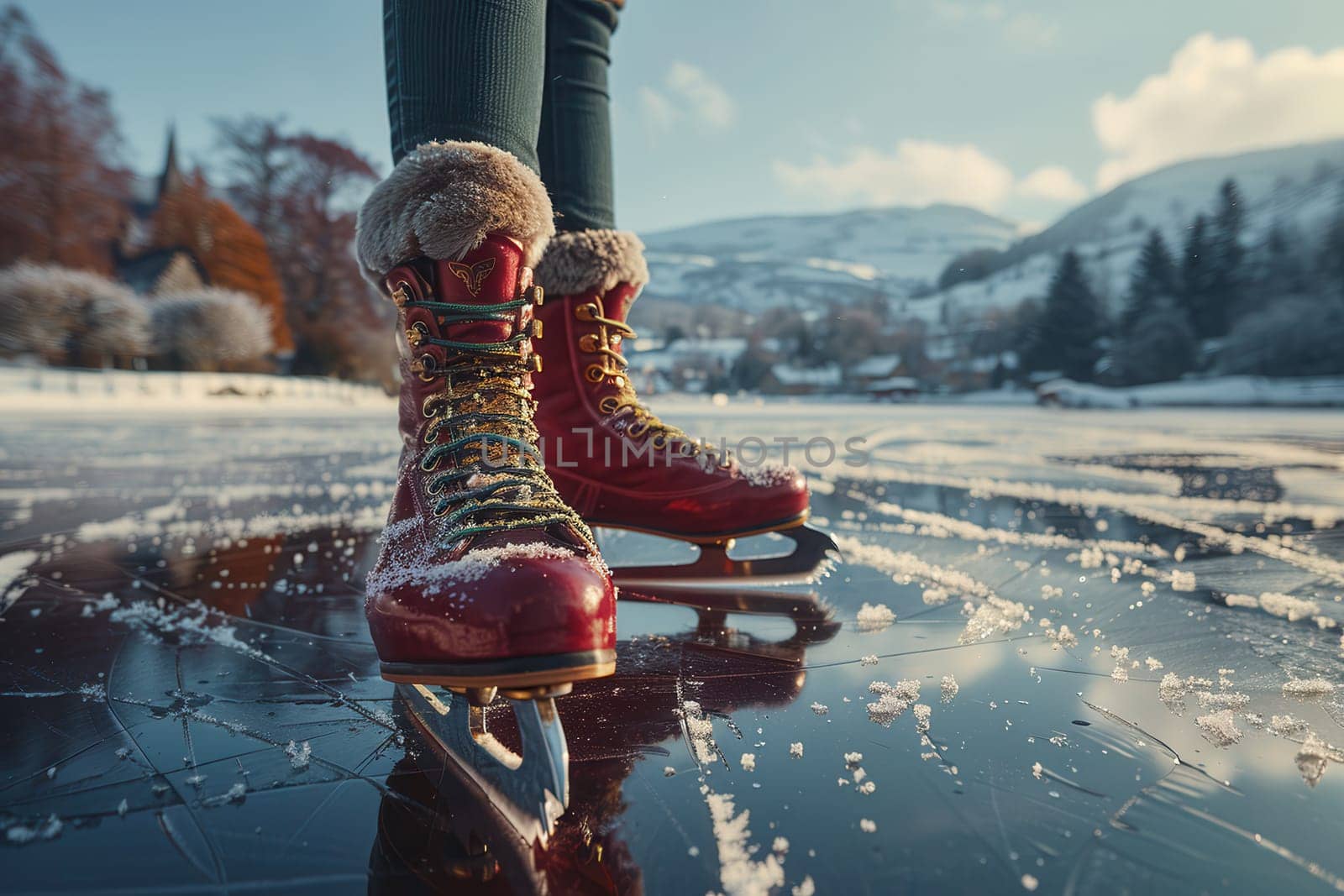 Cherish the beauty of winter ice skating on a serene snowy lake, perfect for outdoor fun and adventures