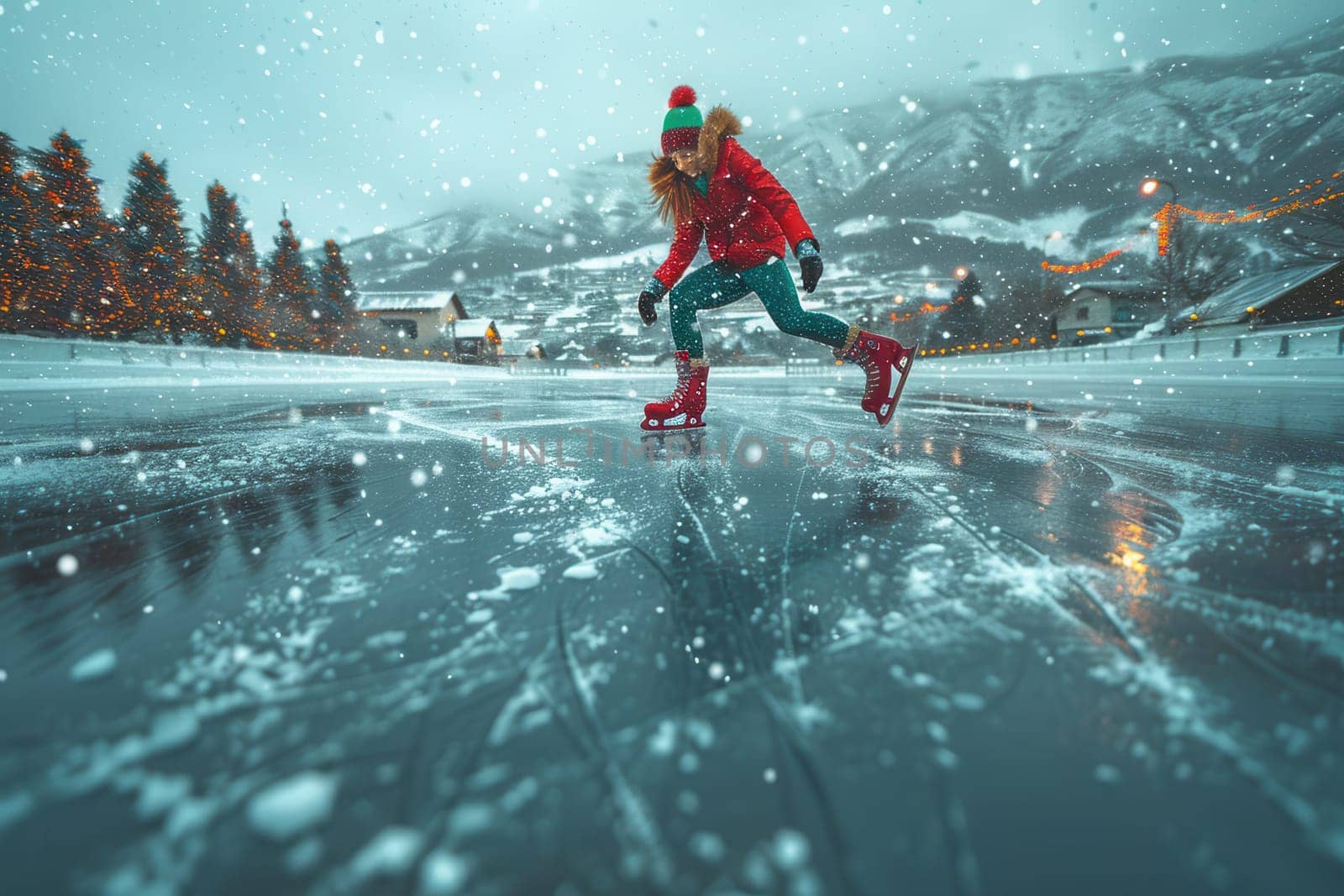 A cheerful figure is gracefully skating on a frozen lake amidst a beautiful snowy winter wonderland