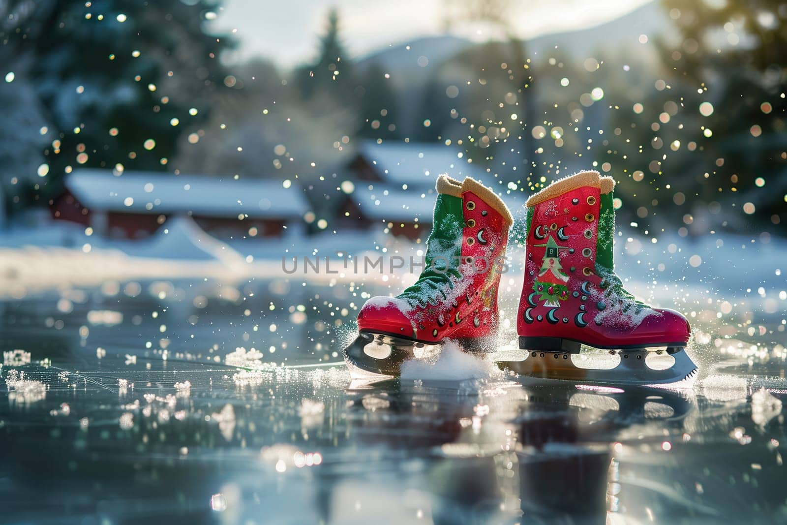Colorful ice skates gently resting on a frozen pond, beautifully surrounded by a serene snowy winter landscape