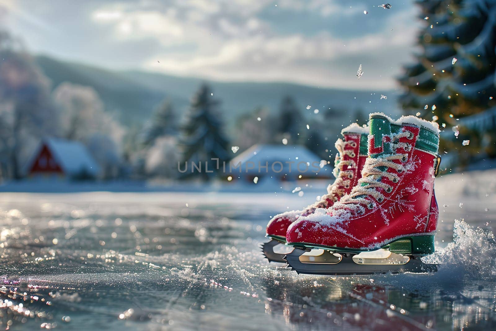 A beautiful pair of colorful vintage ice skates are resting on a snowy rink, surrounded by lovely winter scenery