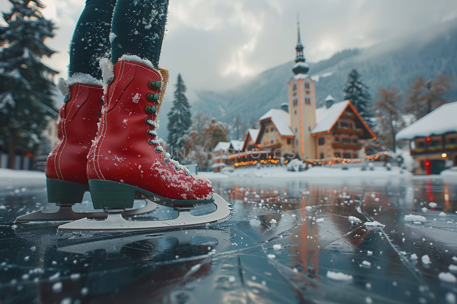 Experience and enjoy a picturesque winter scene while ice skating in a charming snowy village setting