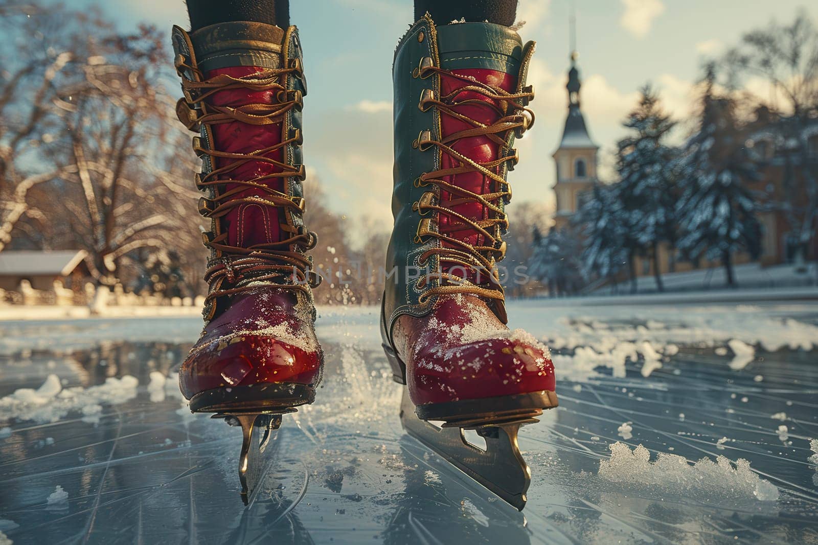 A vibrant and energetic ice skating scene featuring colorful skates on a stunningly beautiful winter day
