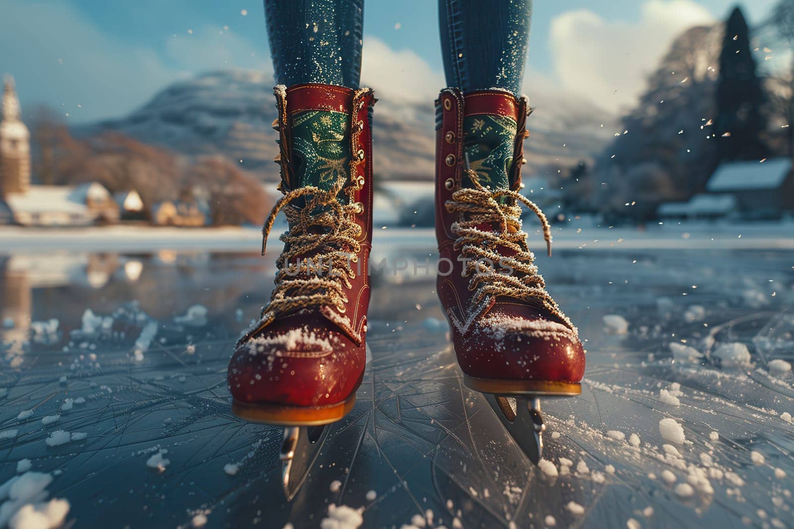 Colorful ice skates gleam brightly on a snowy lake, beautifully capturing the joyful essence of winter sports