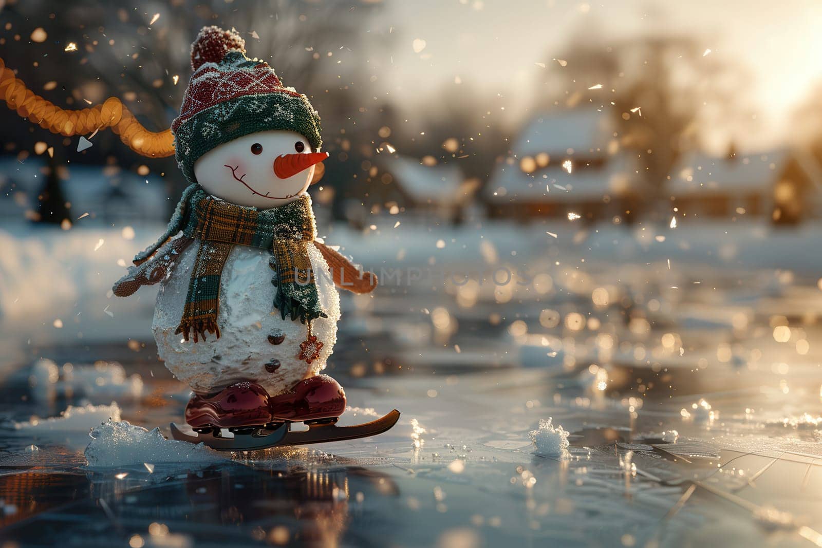 A cheerful snowman gracefully skates on ice, surrounded by a snowy landscape filled with festive lights