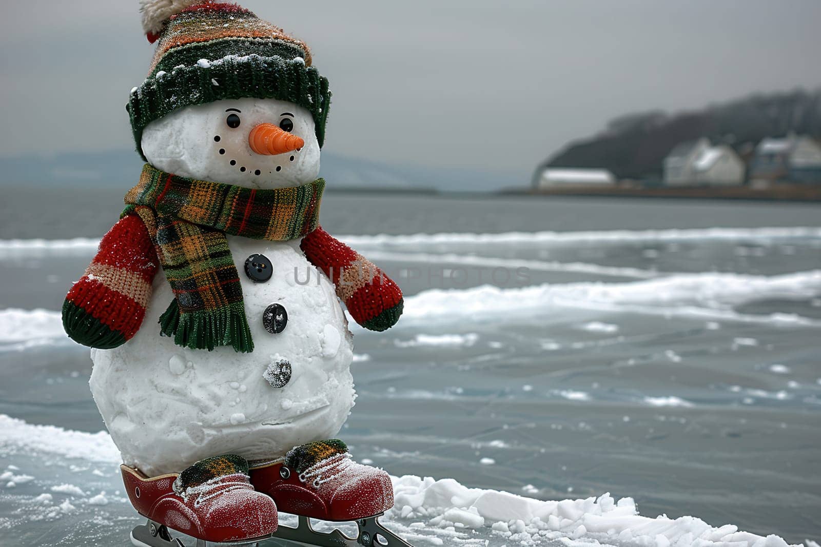A cheerful and fun snowman, adorned with a vibrant scarf and hat, gracefully skating on a frozen, icy lake