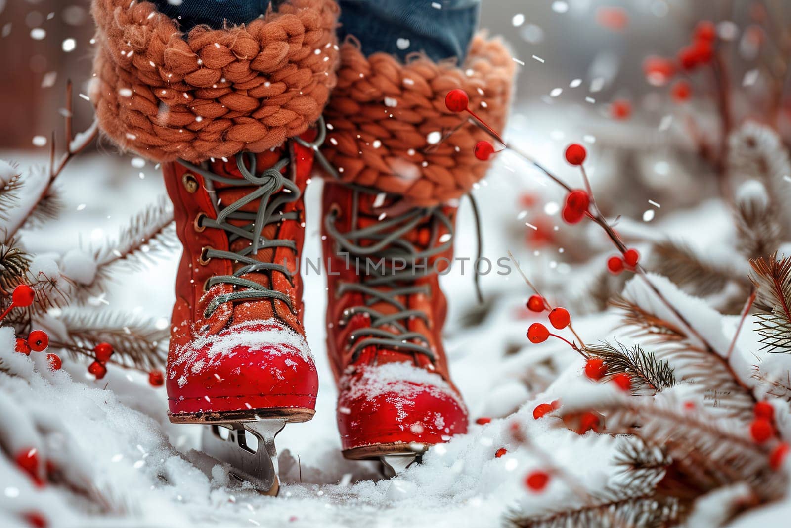 A cozy winter scene with bright red ice skates on fluffy snow, ideal for seasonal celebrations and festivities