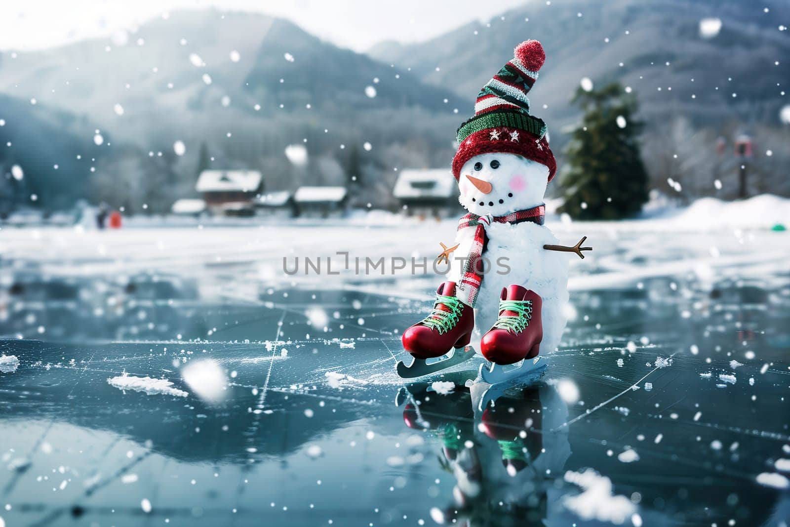 A joyful snowman in colorful skates glides through a picturesque snowy landscape, embodying winter fun