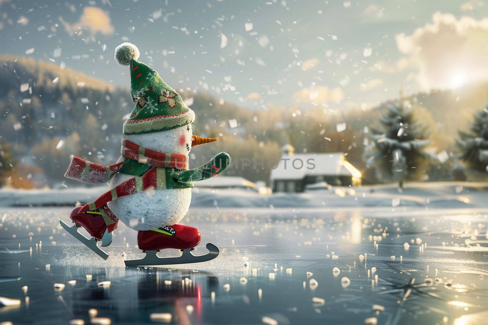 A cheerful and delightful snowman happily skating on ice in the midst of a beautiful snowy landscape during winter