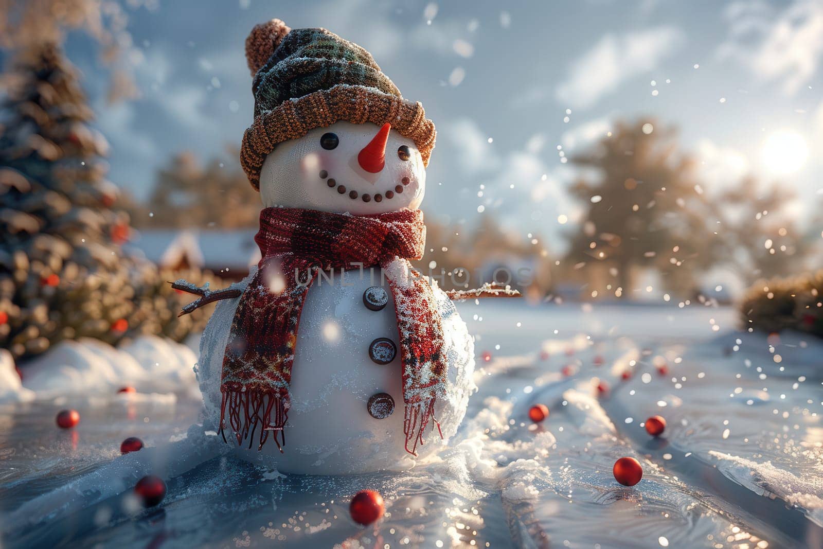 A charming snowman, made with care, is in soft snow and lovely winter scenery, great for seasonal themes