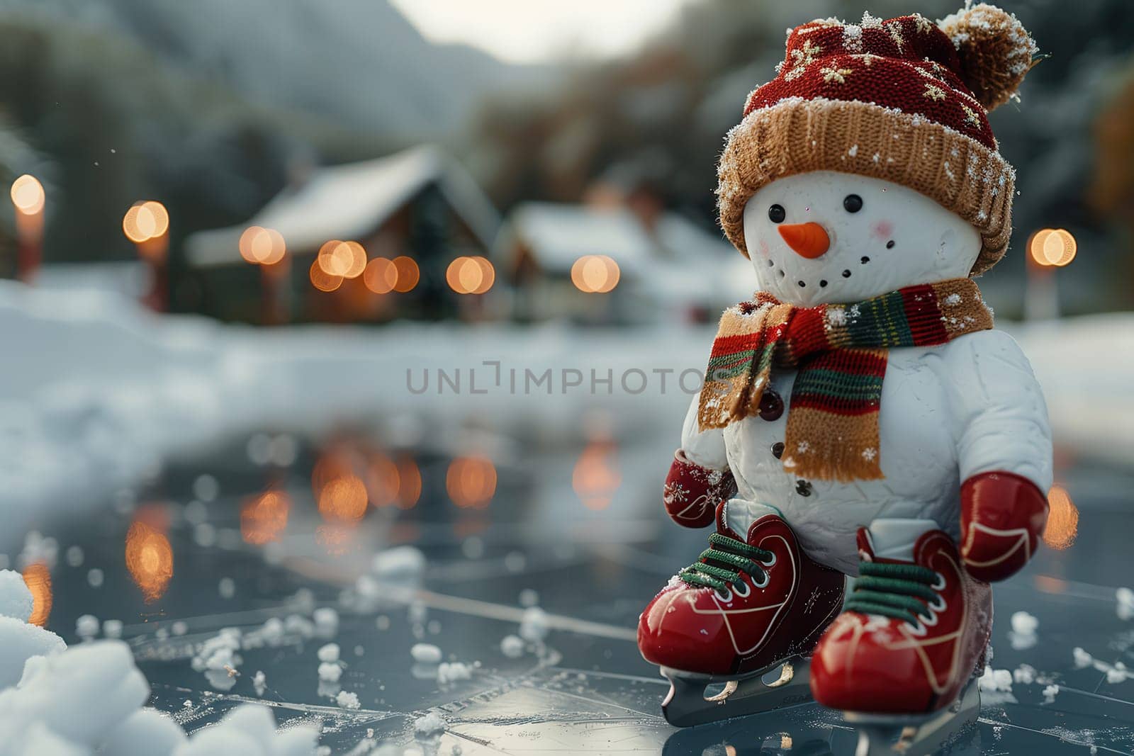 A joyful snowman on skates is in a picturesque snowy landscape, capturing the essence of winter fun