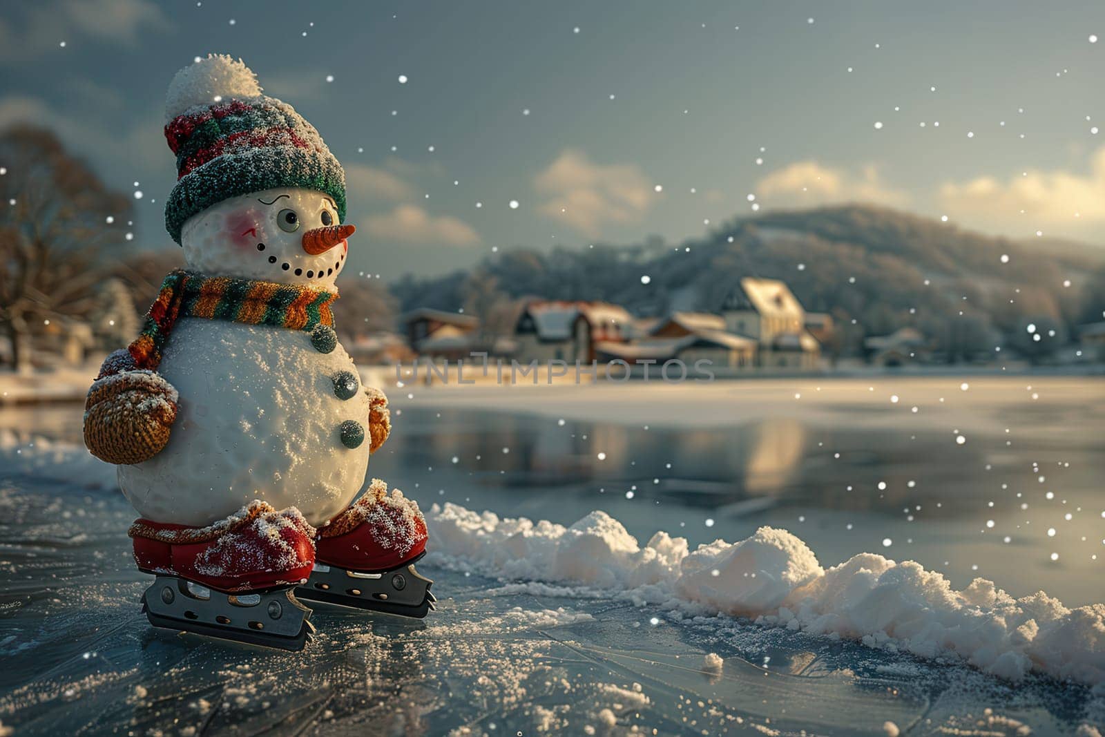 A charming snowman joyfully ice skating in a serene winter landscape filled with gentle snowfall and beauty