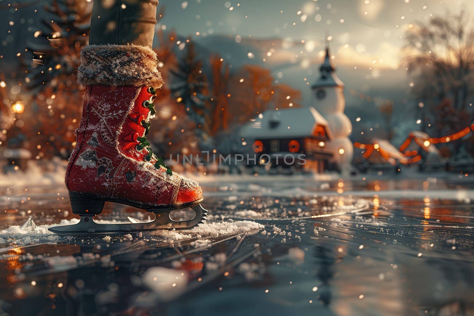 A red ice skate glides on a frozen pond in a snowy village, capturing the enchanting magic of winter