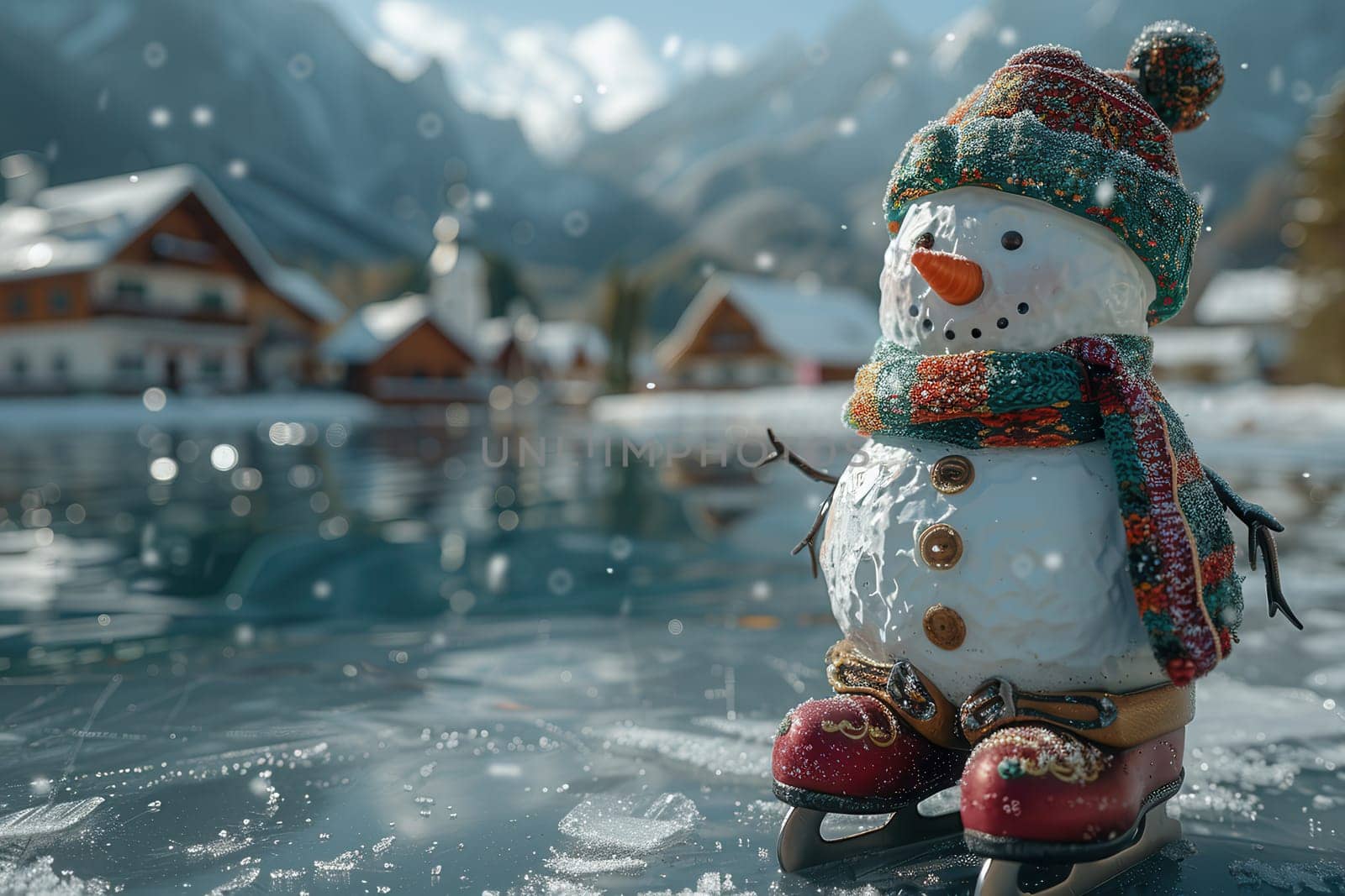 A whimsical snowman glides on ice skates across a serene winter landscape, adorned with colorful accessories