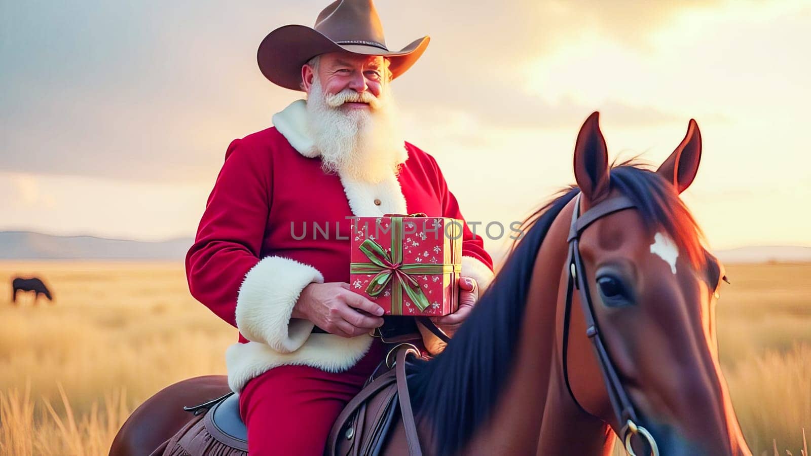Santa Claus in a cowboy hat with a Christmas present sitting on a horse. AI generated.
