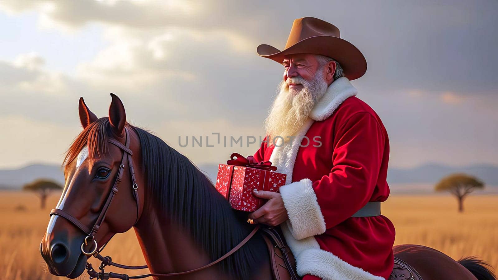 Santa Claus in a cowboy hat with a Christmas present sitting on a horse. AI generated.