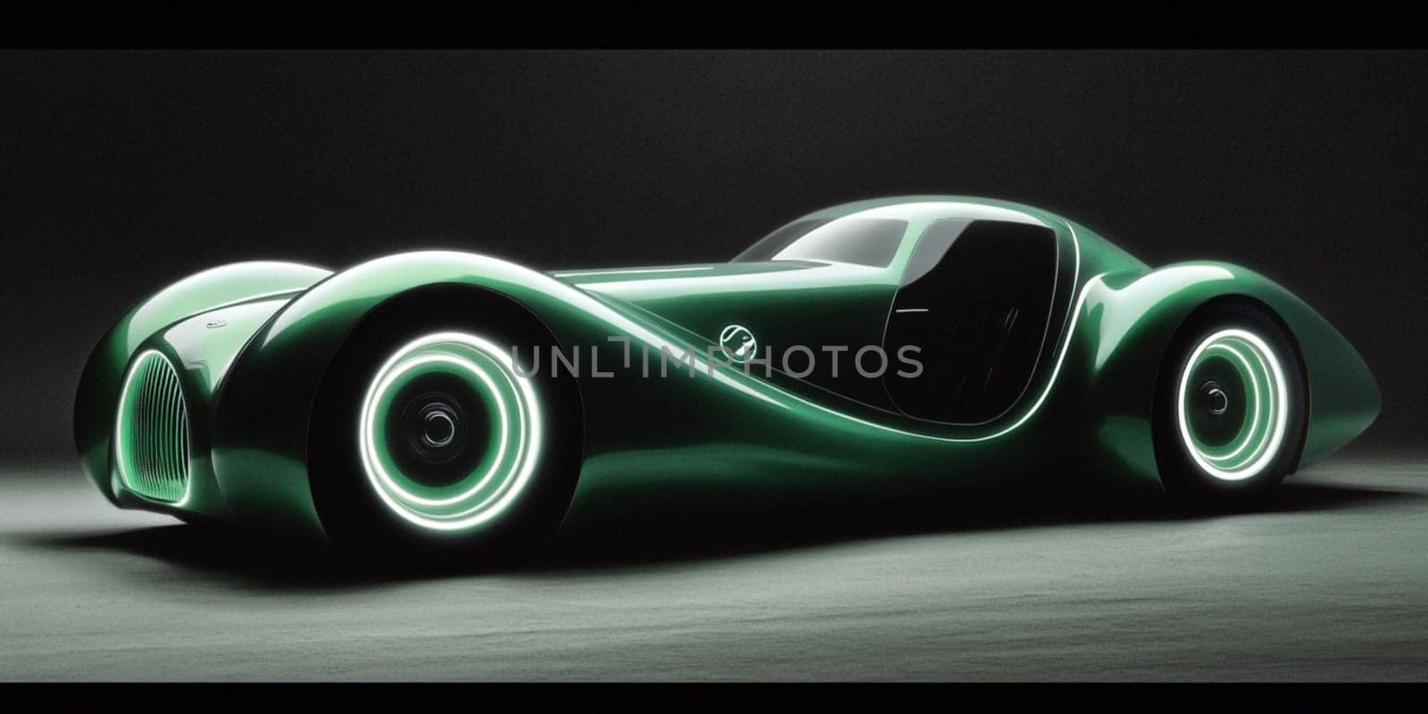 Green sports car speeds through a dark studio with billowing smoke, exuding power and elegance