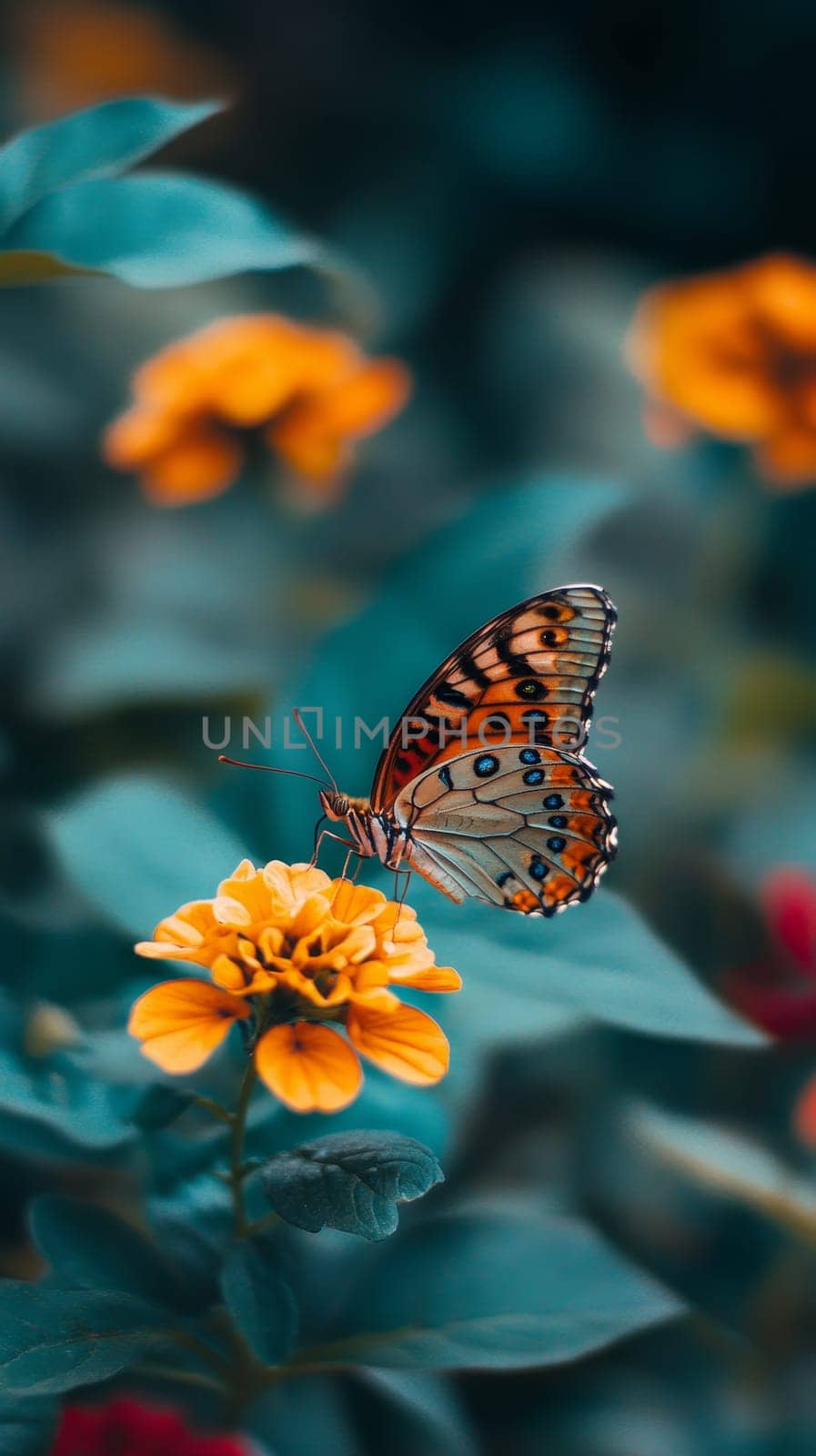 A striking orange butterfly with intricate wing patterns perches delicately on a vibrant yellow zinnia flower, showcasing nature's beauty in a colorful garden setting.
