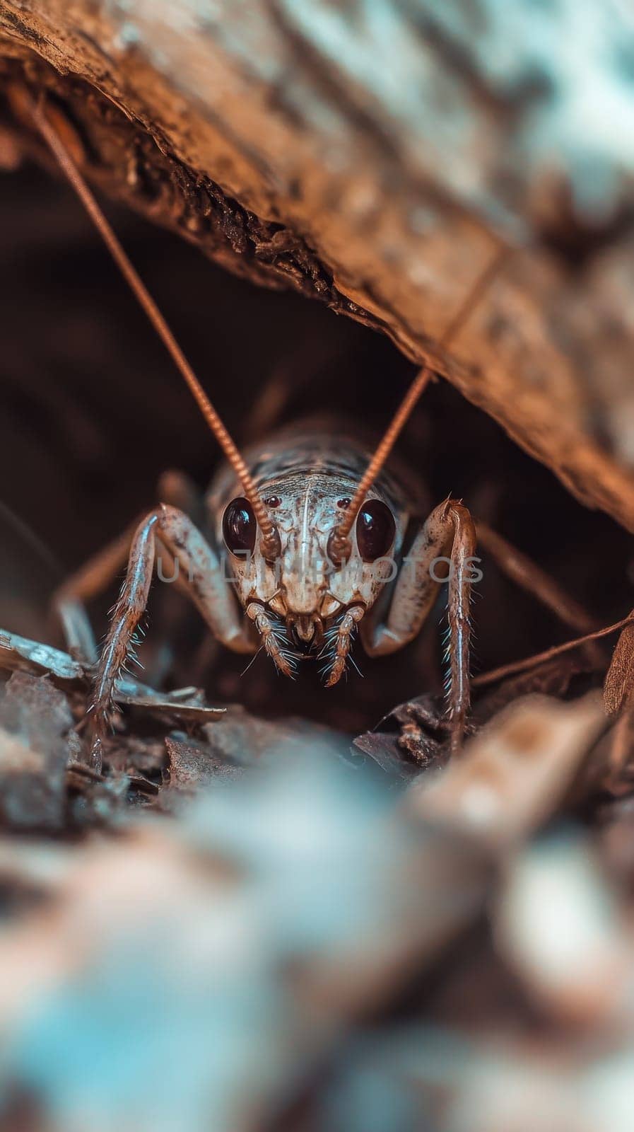 Extreme close up of a grasshopper's face, revealing intricate details of its eyes and mandibles, surrounded by dried leaves in its natural environment.