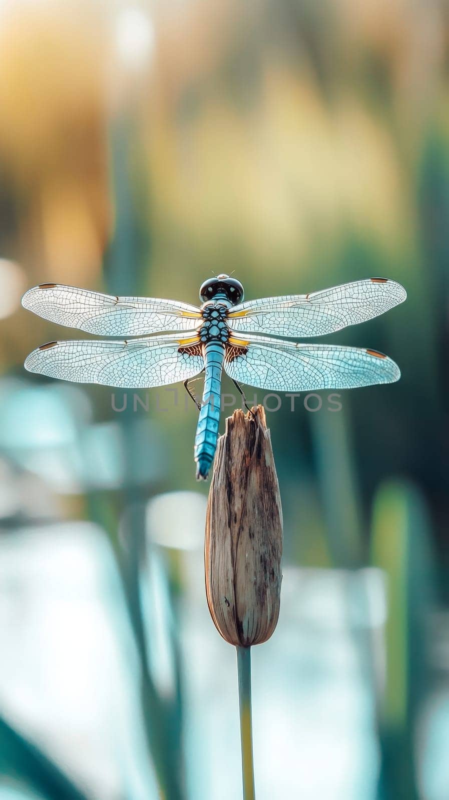 A blue dragonfly with transparent wings perched on a dried plant stem, showcasing its intricate details against a soft, blurred natural background.