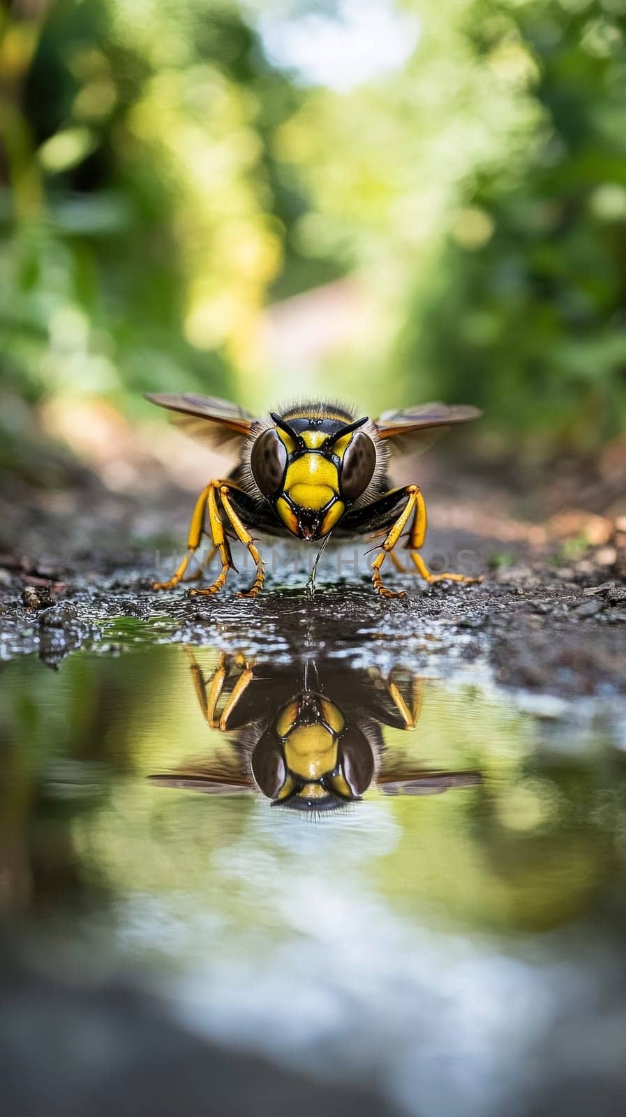 Macro image of a yellow and black wasp drinking water from a puddle, with its perfect reflection visible in the water's surface against a blurred green background.