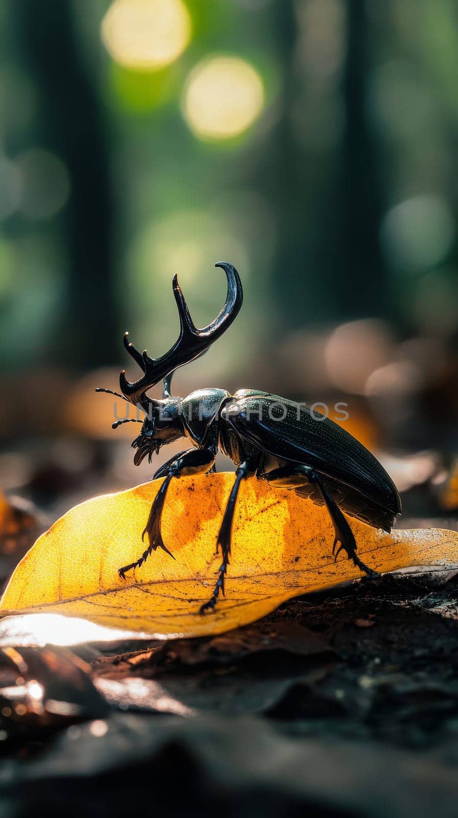 Close up of a majestic stag beetle with prominent mandibles perched on a vibrant golden autumn leaf, showcasing nature's intricate details against a soft focus background.