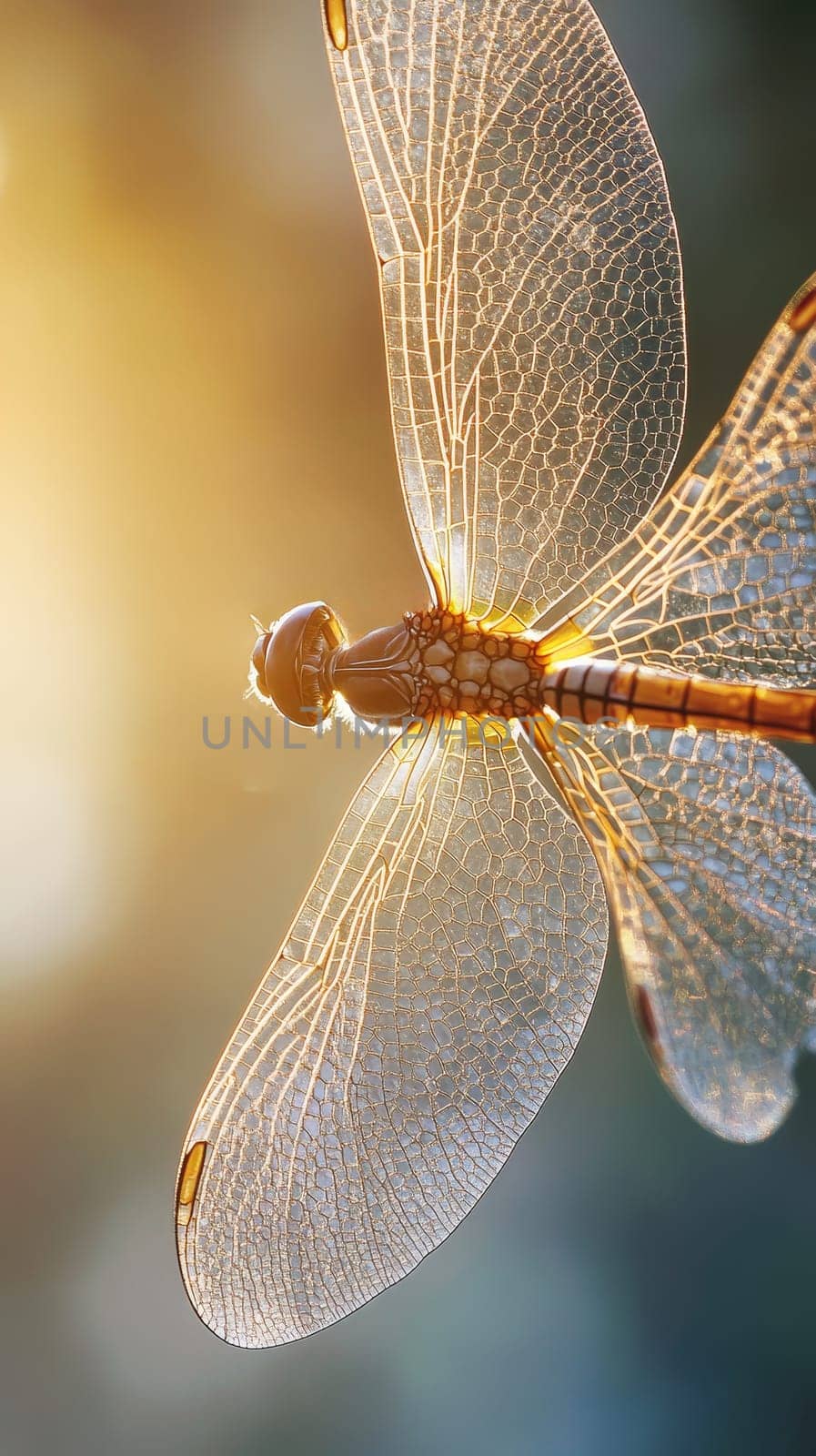 Ethereal close up of translucent dragonfly wings with intricate vein patterns, backlit by warm golden sunlight.