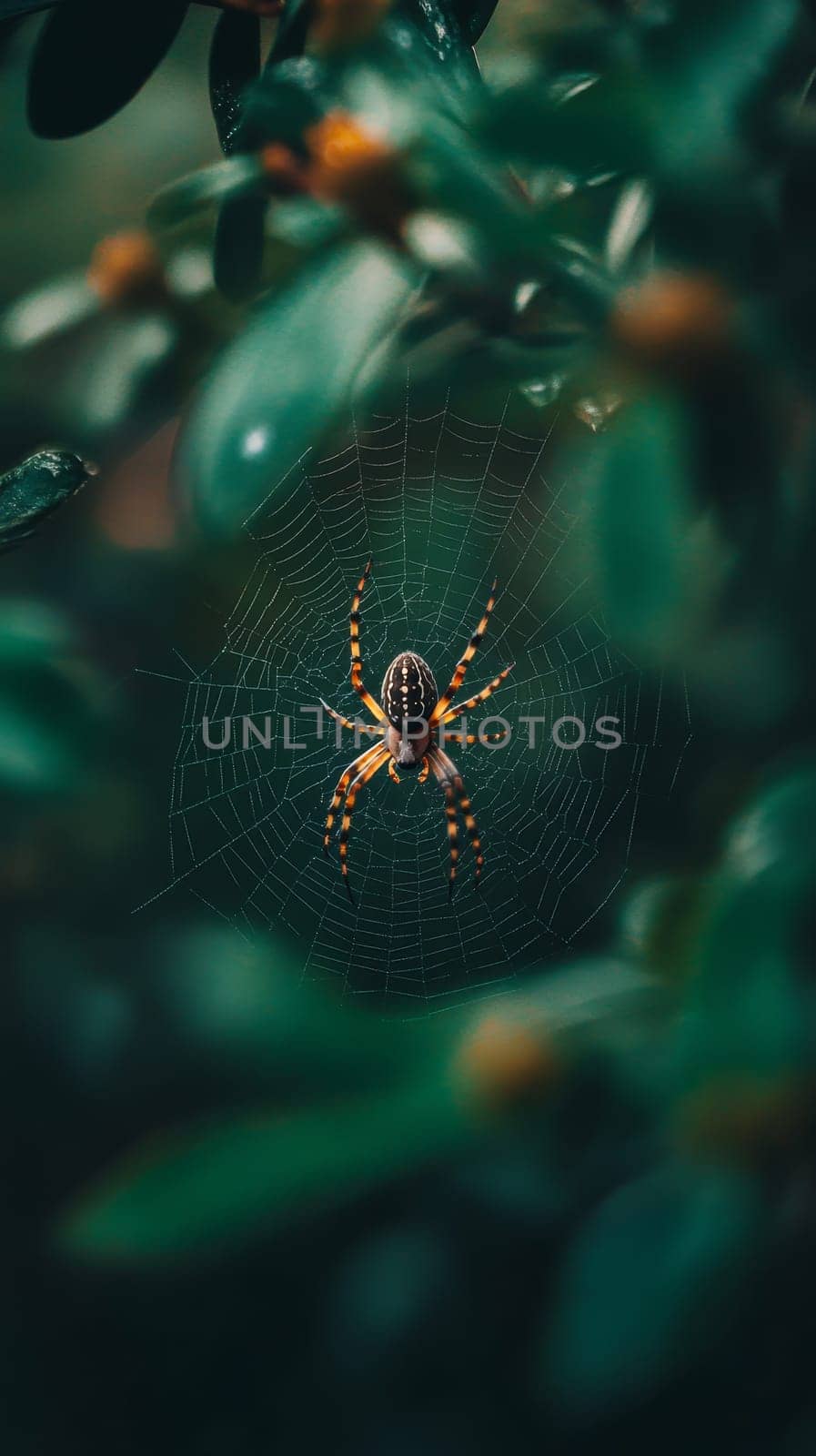 A striking orange and black orb weaver spider sits at the center of its delicate web, showcasing nature's artistry against a blurred green background.