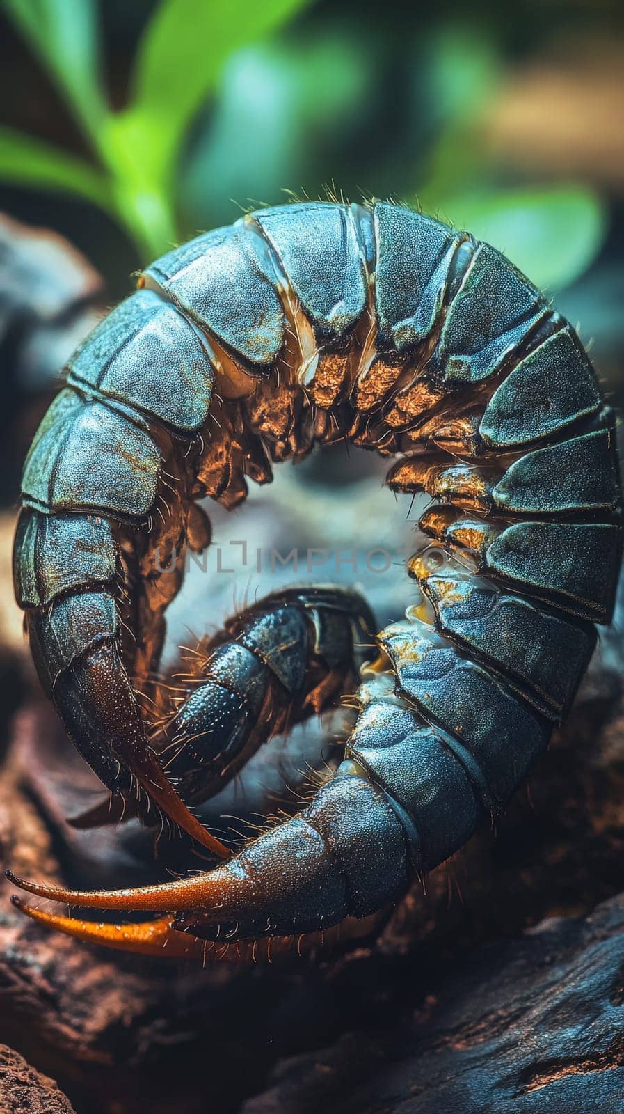 Extreme close up of a coiled blue millipede, showcasing its segmented body, intricate textures, and vibrant metallic sheen against a blurred natural background.