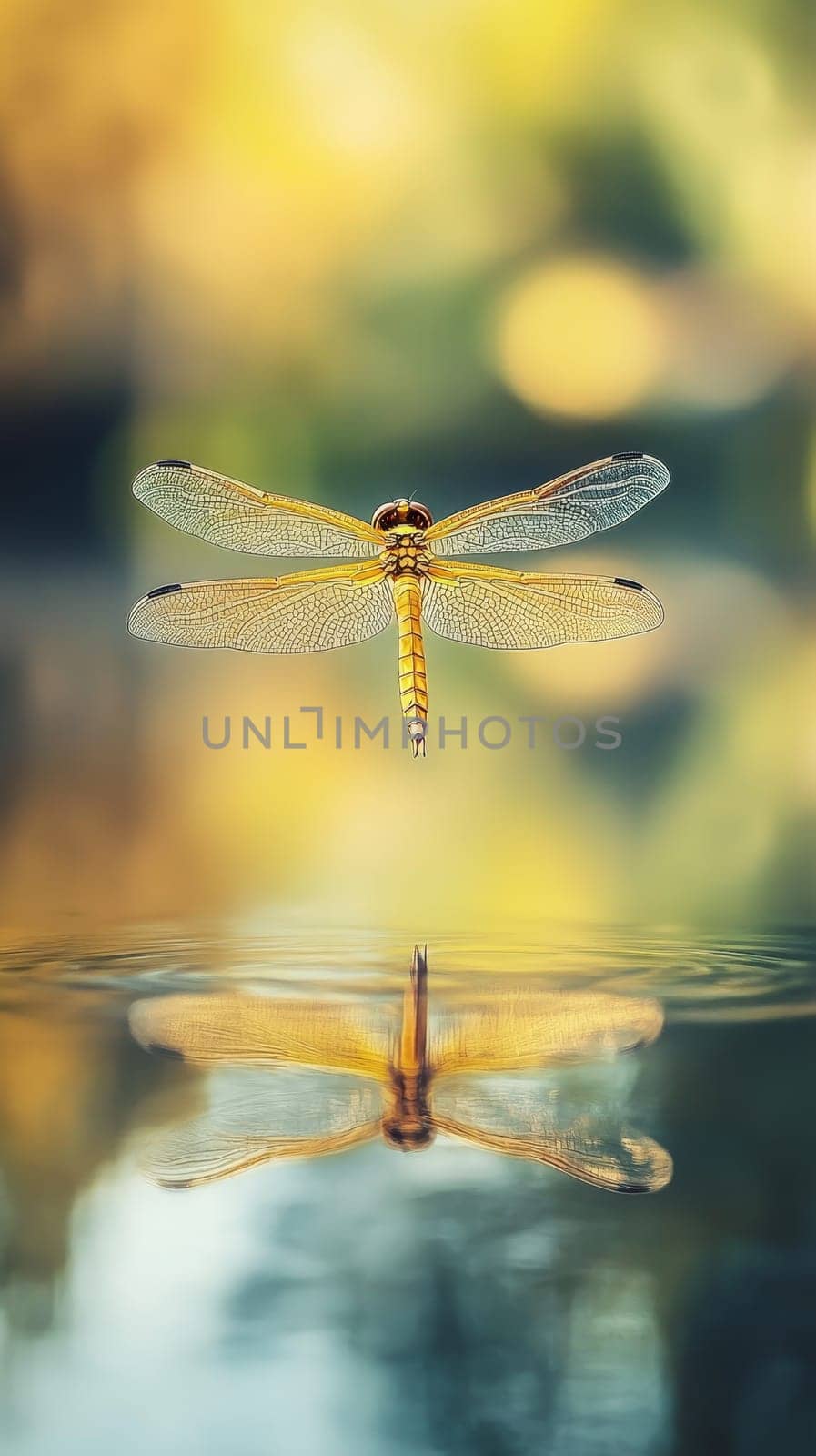 Majestic golden dragonfly hovering above calm water with its reflection visible, set against a dreamy yellow and green bokeh background.