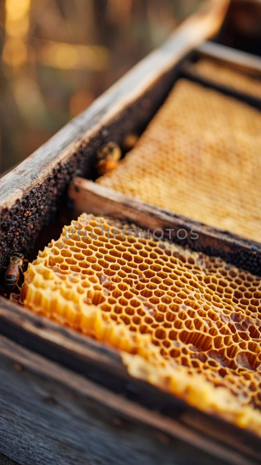 A close up view of a fresh honeycomb in a wooden beehive frame, showcasing the intricate hexagonal pattern filled with golden honey.