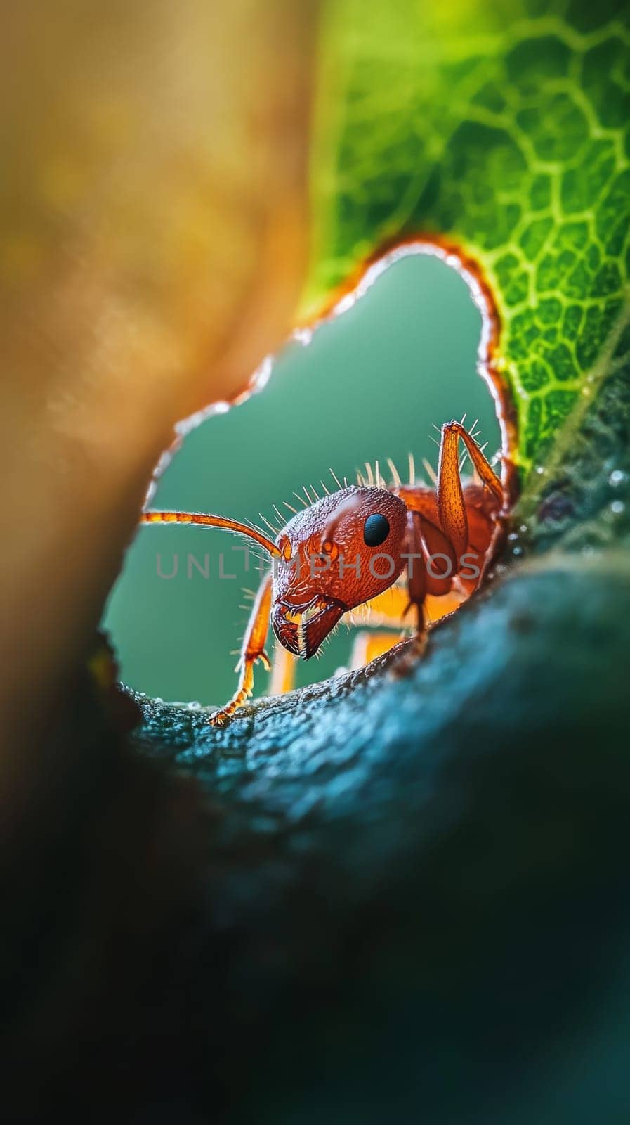 Extreme close up of a red leaf cutter ant's head and mandibles, revealing intricate details against a blurred green background.