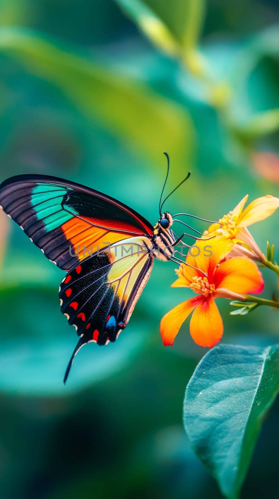 An exotic butterfly with vibrant blue, orange, and black wings feeds on a bright orange tropical flower, surrounded by blurred green foliage.