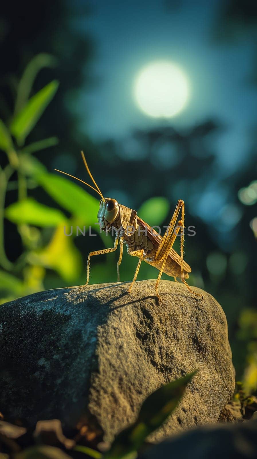 A golden grasshopper perched on a rock, silhouetted against a moonlit sky with blurred foliage, creating a magical nocturnal scene.