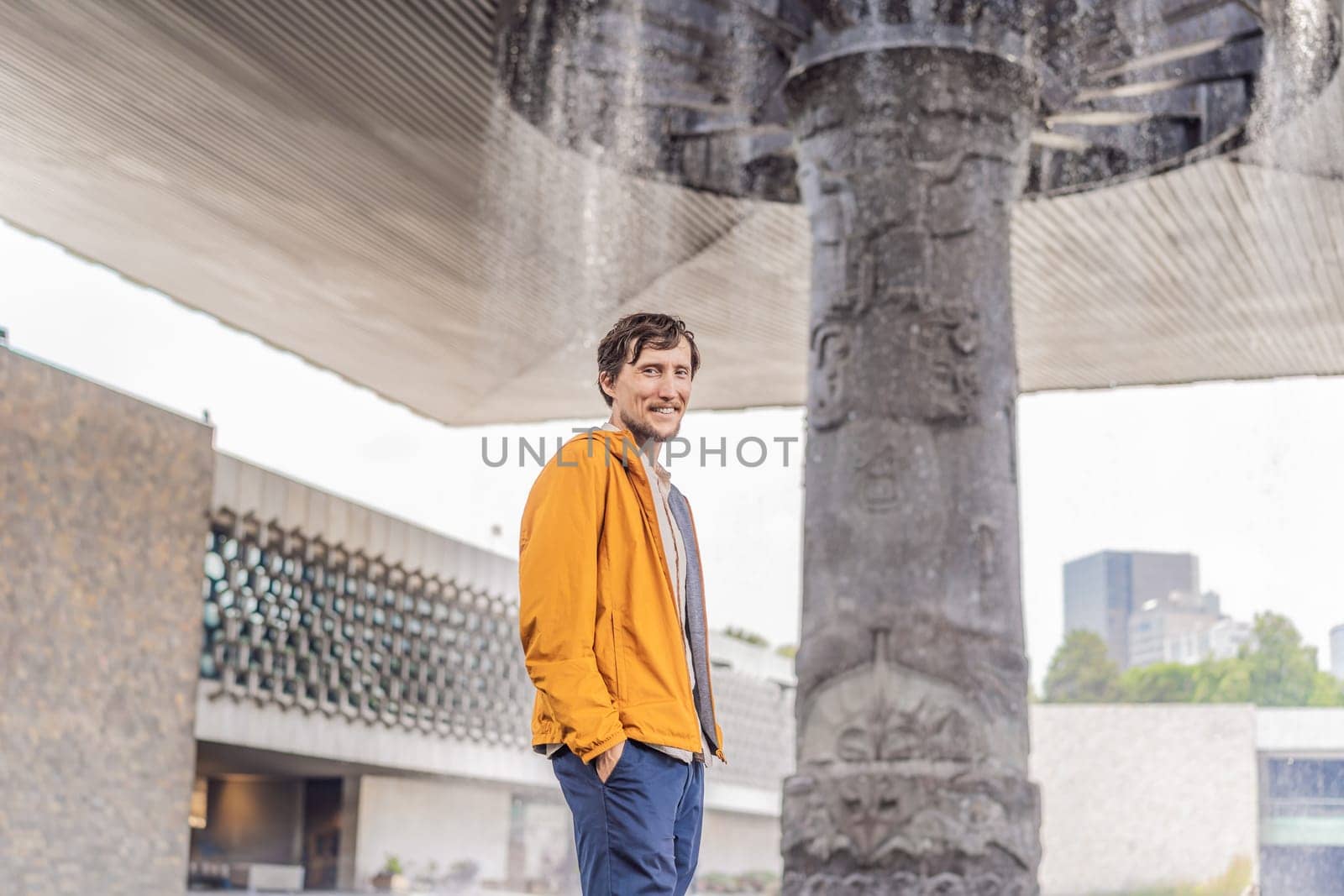 Male tourist exploring the National Museum of Anthropology in Mexico City. Cultural heritage and historical exploration concept.