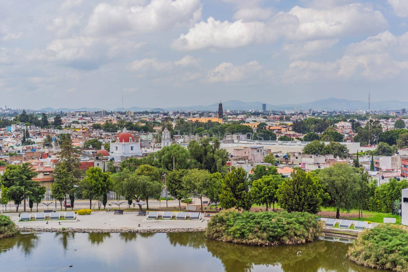 Panoramic view of Puebla city, Mexico. Scenic landscape, historic architecture, and urban exploration concept.