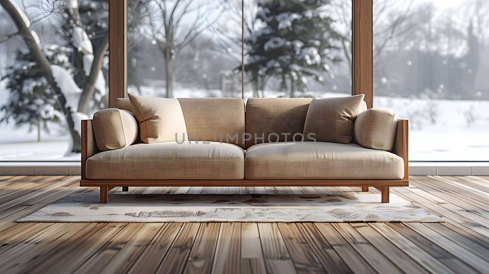 A couch made of hardwood sits elegantly in front of a large window, offering a view of the tree outside. The interior design of the living room features wooden flooring to complement the furniture