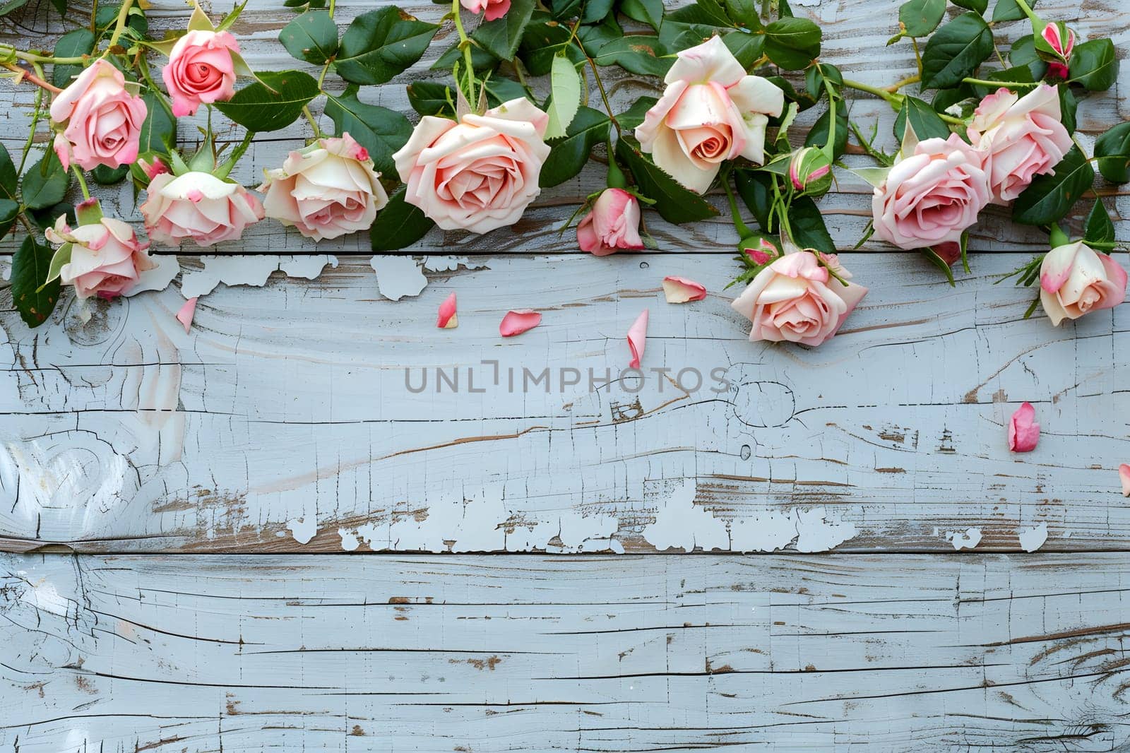 A beautiful display of pink roses blooming on a rustic and weathered wooden background