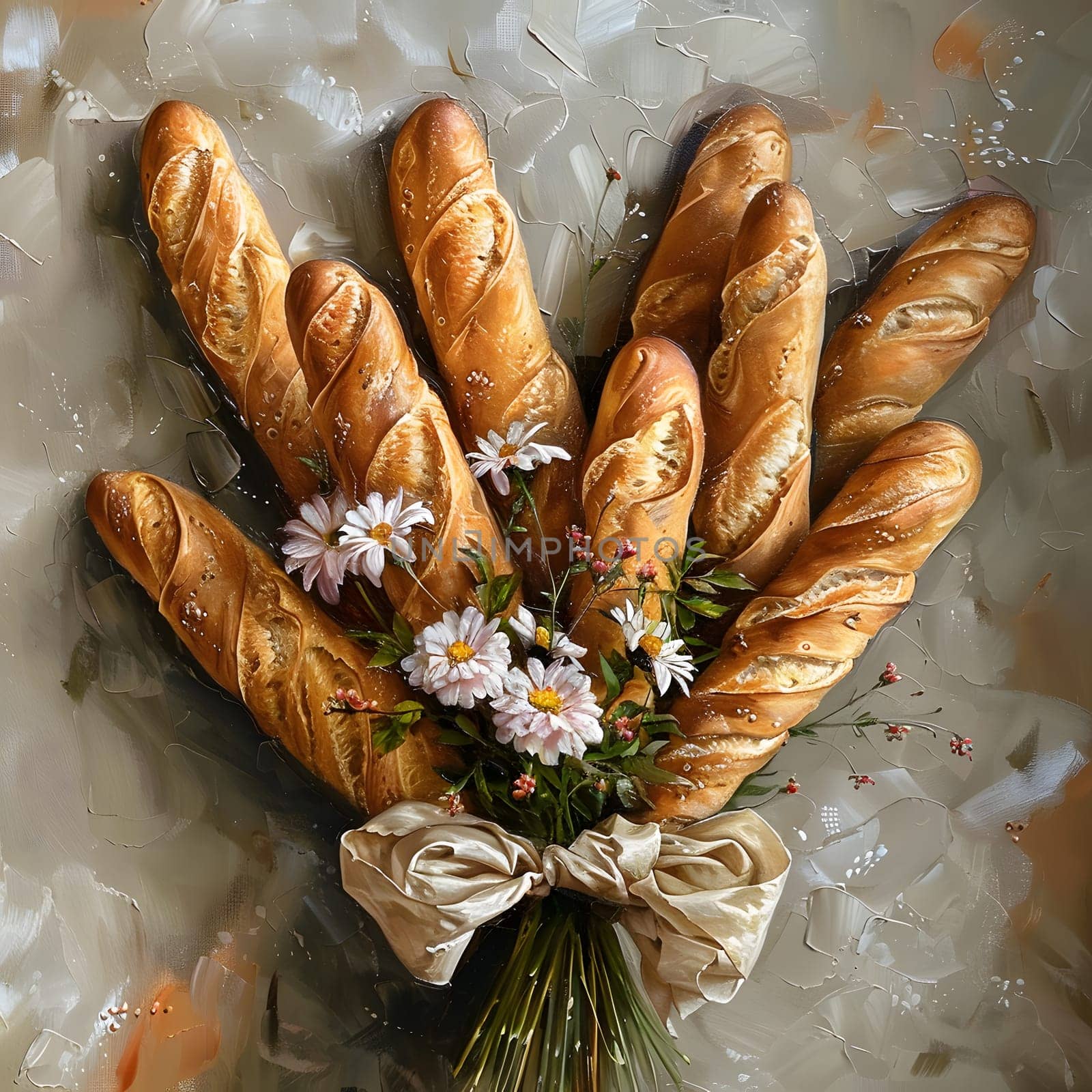 An art piece depicting a display of bread and flowers tied with a bow. A beautiful representation of staple food and produce with elements of baked goods and finger food