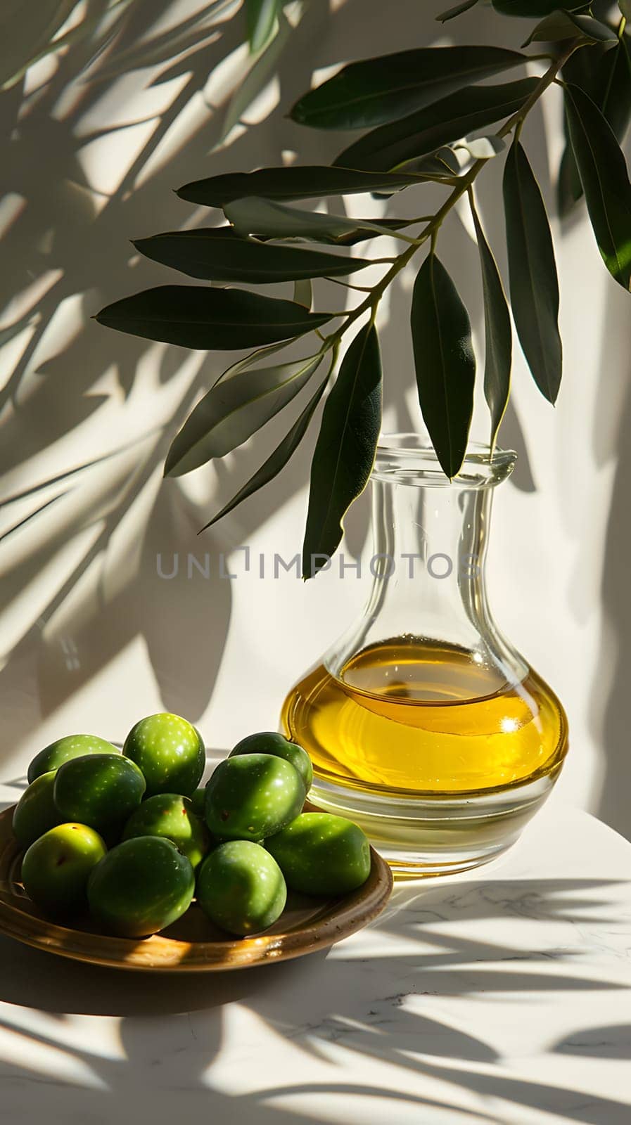 A liquid solution of oil extracted from Rangpur fruit, displayed in a drinkware bottle, accompanied by a bowl of olives on a serveware table